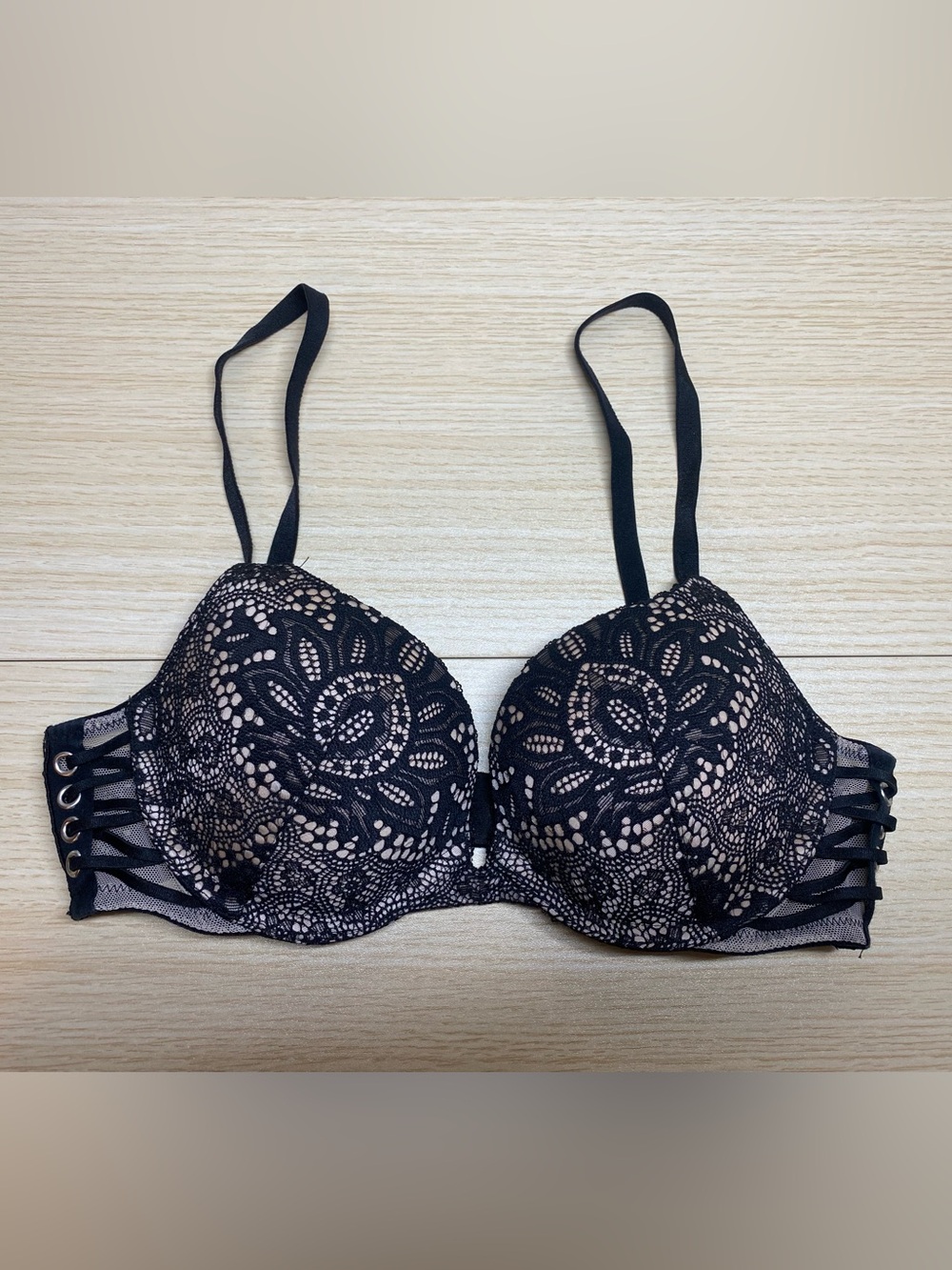 Victoria's Secret Black Lace Push-Up Bra with Nude Lining